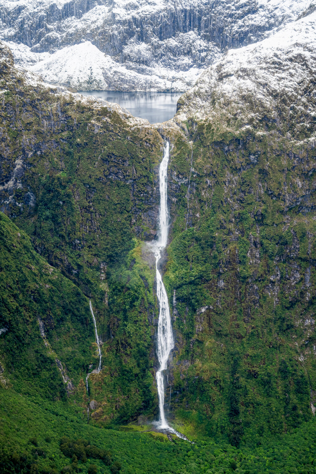 Sutherland Falls with snow on the mountains